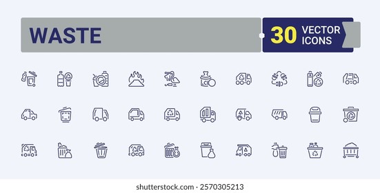 Waste icon set. Contains such icons as conservation, garbage, can, pollution, environment, litter and more. Outline symbol collection. Editable stroke.