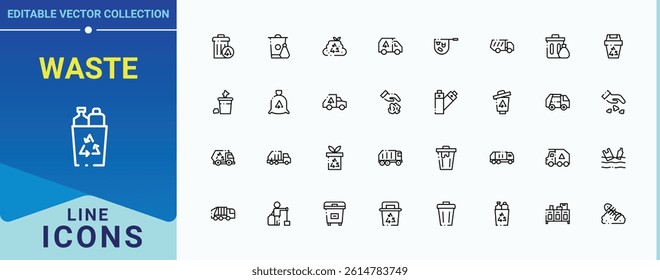 Waste icon set. Includes symbols for recycling, bin, pollution, junk, trash and more. Garbage line icon set. Minimalist linear icons. Editable stroke vector art.