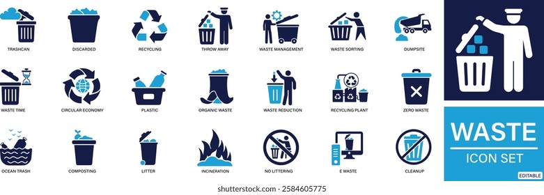 Waste icon set litter, trash, pollution, landfill, waste management, composting, You can easily change the color.