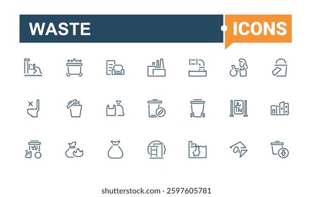 Waste icon set. Pack of environment, bag, recycling, save, reduce, recycle and more. Zero Wasting icon pack. Perfect for logos and infographic. Minimalistic icons.