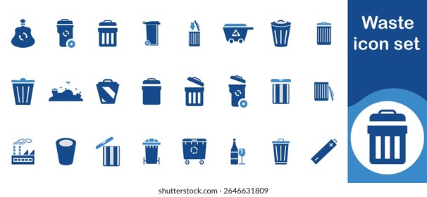 Waste icon set, shredder, pollution water analysis, medical, radioactive, pollution, excavator, biohazard drum, warning, solid, collection, green energy and more