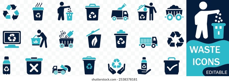 Waste icon set. Solid flat vector icons collection