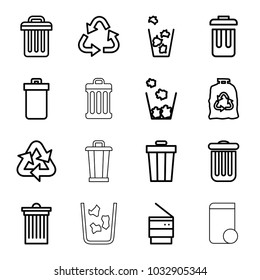 Waste icons. set of 16 editable outline waste icons such as trash bin, recycle, trash bag