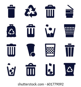waste icons set. Set of 16 waste filled icons such as trash bin, recycle bin, trash bag