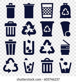 Waste icons set. set of 16 waste filled icons such as trash bin, recycle bin, recycle, trash bag