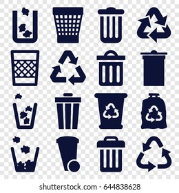 Waste icons set. set of 16 waste filled icons such as trash bin, recycle bin, recycle, trash bag