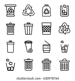 Waste icons set. set of 16 waste outline icons such as trash bin, recycle bin, trash bag, delete trash bin