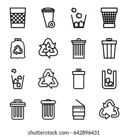 Waste icons set. set of 16 waste outline icons such as trash bin, recycle