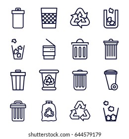 Waste icons set. set of 16 waste outline icons such as trash bin, recycle bin, trash bag, delete trash bin