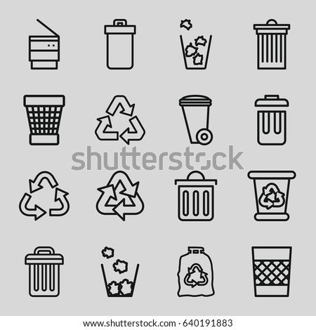 Waste icons set. set of 16 waste outline icons such as trash bin, recycle bin, recycle