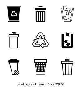 Waste icons. set of 9 editable filled and outline waste icons such as trash bin, recycle