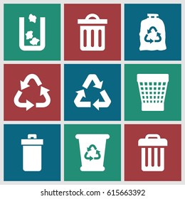 Waste icons set. set of 9 waste filled icons such as trash bin, recycle bin, recycle, trash bag