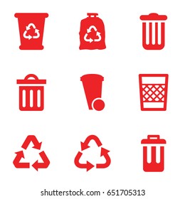 Waste icons set. set of 9 waste filled icons such as trash bin, recycle bin, recycle