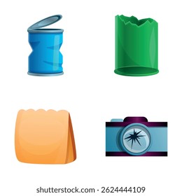 Conjunto de iconos de residuos Vector de dibujos animados. Vieja cosa rota y equipo. Concepto de reciclaje