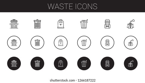 waste icons set. Collection of waste with recycle bin, trash, paper bin, water tank, pollution. Editable and scalable waste icons.