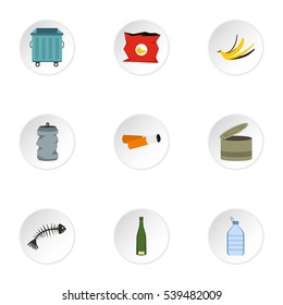 Waste icons set. Flat illustration of 9 waste vector icons for web