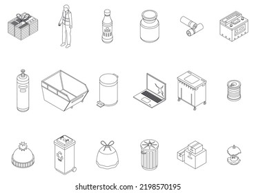 Waste icons set. Isometric set of waste vector icons outline thin lne isolated on white