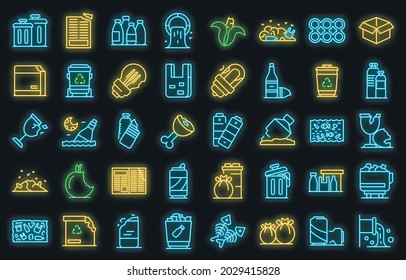 Juego de iconos de residuos. Conjunto de esquemas de iconos de vectores de residuos color neón sobre negro
