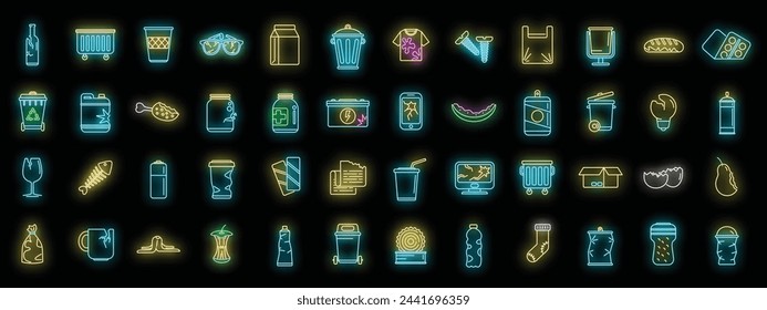 Waste icons set outline vector. Garbage food. Fresh plastic neon color on black