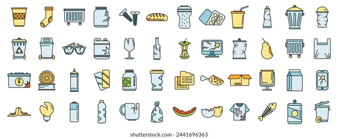 Waste icons set outline vector. Garbage food. Fresh plastic thin line color flat isolated