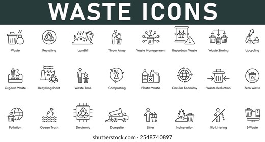 La Ilustración vectorial Waste Icons con trazo editable de línea delgada contiene reciclaje de residuos de vertederos Gestión de residuos peligrosos Clasificación de residuos reciclaje Composición de residuos plásticos Economía circular Litro