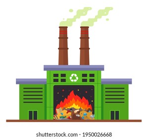 waste incineration plant and emission of harmful substances into the atmosphere. flat vector illustration isolated on white background.