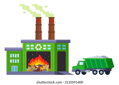 waste incineration plant. truck delivers unsorted garbage for recycling. flat vector illustration.