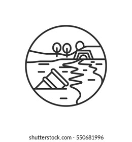 Waste into the river, pond. Environmental pollution. Linear round icon