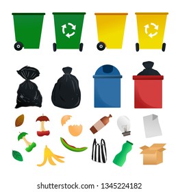 waste item set and plastic container garbage for organic waste. Plastic and paper pollution waste rubbish.