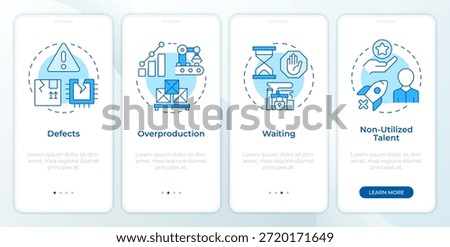 Waste in lean manufacturing blue onboarding mobile app screen. Walkthrough 4 steps editable graphic instructions with linear concepts. UI, UX, GUI