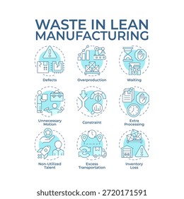 Desperdicio en iconos de concepto azul suave de fabricación magra. Gestión de la producción, eficiencia del flujo de trabajo. Paquete de iconos. Imágenes vectoriales. Ilustraciones de forma redonda para el artículo, infografía. idea Abstractas