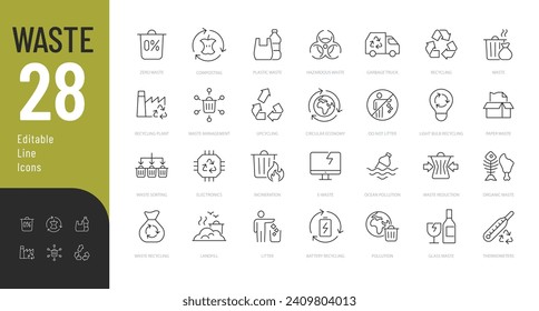 Waste Line Editable Icons set. Vector illustration in modern thin line style of pollution related icons: waste recycling, waste sorting and type of waste. Isolated on white svg