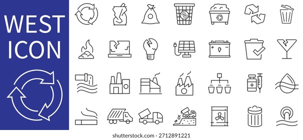 Conjunto de iconos editables de la línea de residuos. conjunto de Vectores de iconos de reciclaje de residuos. Conjunto de iconos de línea de separación de basura. Ilustración vectorial de icono de reciclaje.