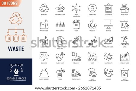 Waste Line Editable Icons set.  Containing waste recycling, waste sorting and type of waste. Vector illustration