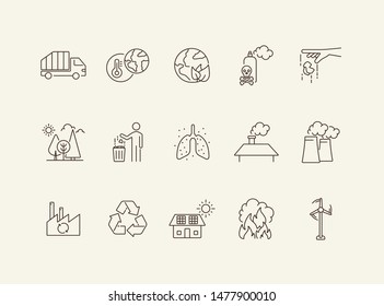 Waste line icon set. Planet, trash bin, car, factory. Environment concept. Can be used for topics like air pollution, toxic fumes, recycling