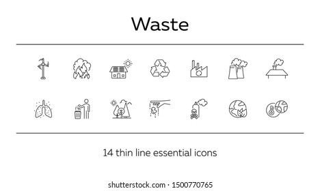 Waste line icon set. Planet, trash bin, car, factory. Environment concept. Can be used for topics like air pollution, toxic fumes, recycling