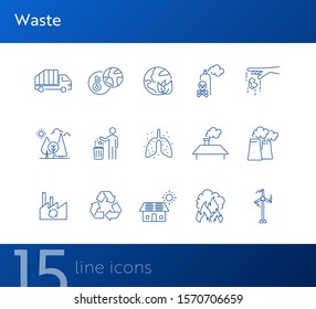 Waste line icon set. Planet, trash bin, car, factory. Environment concept. Can be used for topics like air pollution, toxic fumes, recycling