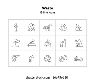 Waste line icon set. Planet, trash bin, car, factory. Environment concept. Can be used for topics like air pollution, toxic fumes, recycling