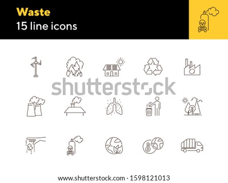 Waste line icon set. Planet, trash bin, car, factory. Environment concept. Can be used for topics like air pollution, toxic fumes, recycling