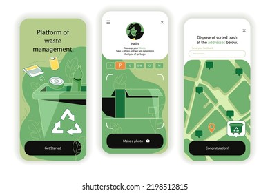 Waste manage concept onboarding screens. Separation of different waste, recycling, reuse and logistics in app. UI, UX, GUI user interface kit with flat people scene. Vector illustration for web design svg