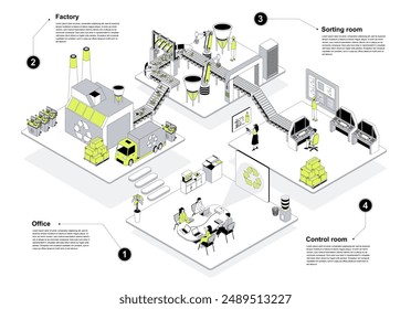 Waste management 3d isometric concept in outline design for web. People working in isometry office and factory rooms, collect and sorting trash, recycling garbage and control. Vector illustration.