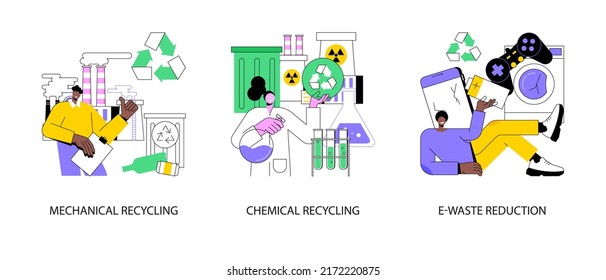 Waste management abstract concept vector illustration set. Mechanical and chemical recycling, e-waste reduction, trash disposal and utilization, electronics trade-in and reuse abstract metaphor.