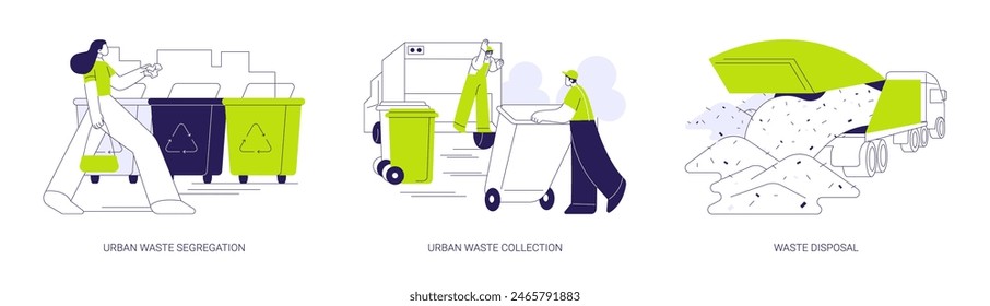 Waste management abstract concept vector illustration set. Urban waste segregation and collection, trash disposal, load garbage into dump truck, urban waste recycling abstract metaphor.