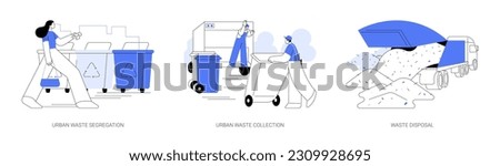 Waste management abstract concept vector illustration set. Urban waste segregation and collection, trash disposal, load garbage into dump truck, urban waste recycling abstract metaphor.