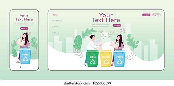 Waste management adaptive landing page flat color vector template. Garbage utilize mobile and PC homepage layout. Trash sorting one page website UI Eco friendly lifestyle webpage cross platform design