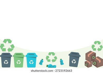 Fondo de gestión de residuos con espacio de copia de borde inferior. Plantilla de reciclaje con coloridos cubos de basura y símbolos. Diseño plano de Vector para Anuncio de economía circular o campaña ecológica.