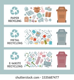 Waste Management Banner Template. Sort paper, metal and e-waste garbage. Flyer, booklet, flyer print design with flat illustrations. Recycling garbage.