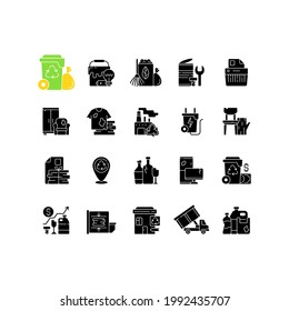 Waste management black glyph icons set on white space. Residential waste collection. Paper shredding. Grass clippings, leaves, branches. Bulky refuse. Silhouette symbols. Vector isolated illustration