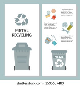 Waste Management Card Template. Sort metal debris. Flyer, booklet, flyer print design with flat illustrations. Recycling garbage. 
