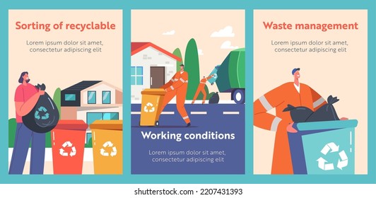 Waste Management Cartoon Banners. Scavengers in Uniform Collect Litter to Truck, Woman Throw Garbage into Recycling Bins on Street. Rubbish Recycling, City Cleaning Service Vector Illustration, Poster